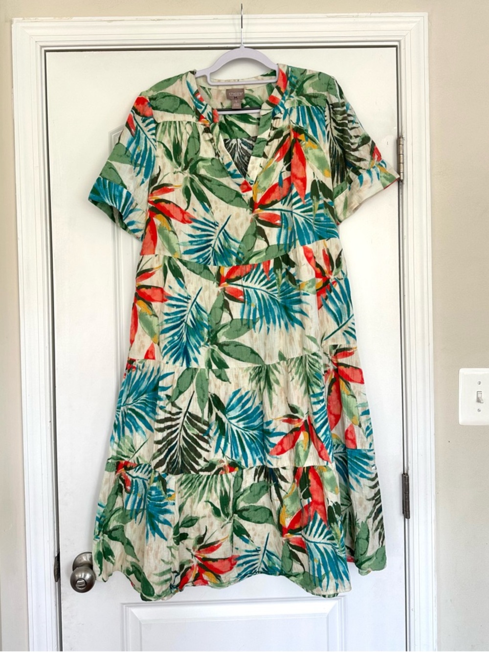 Chico's Cotton Tiered Midi Dress Pockets Tropical Palm Multicolor Cotton Med 1